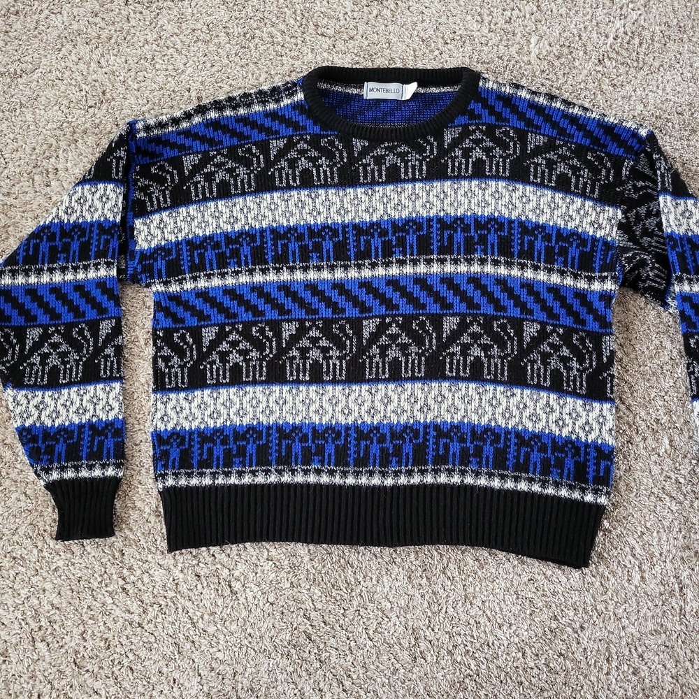 VINTAGE Montebello XL USA Made Knit Sweater Blue Black Geometric Crew Neck